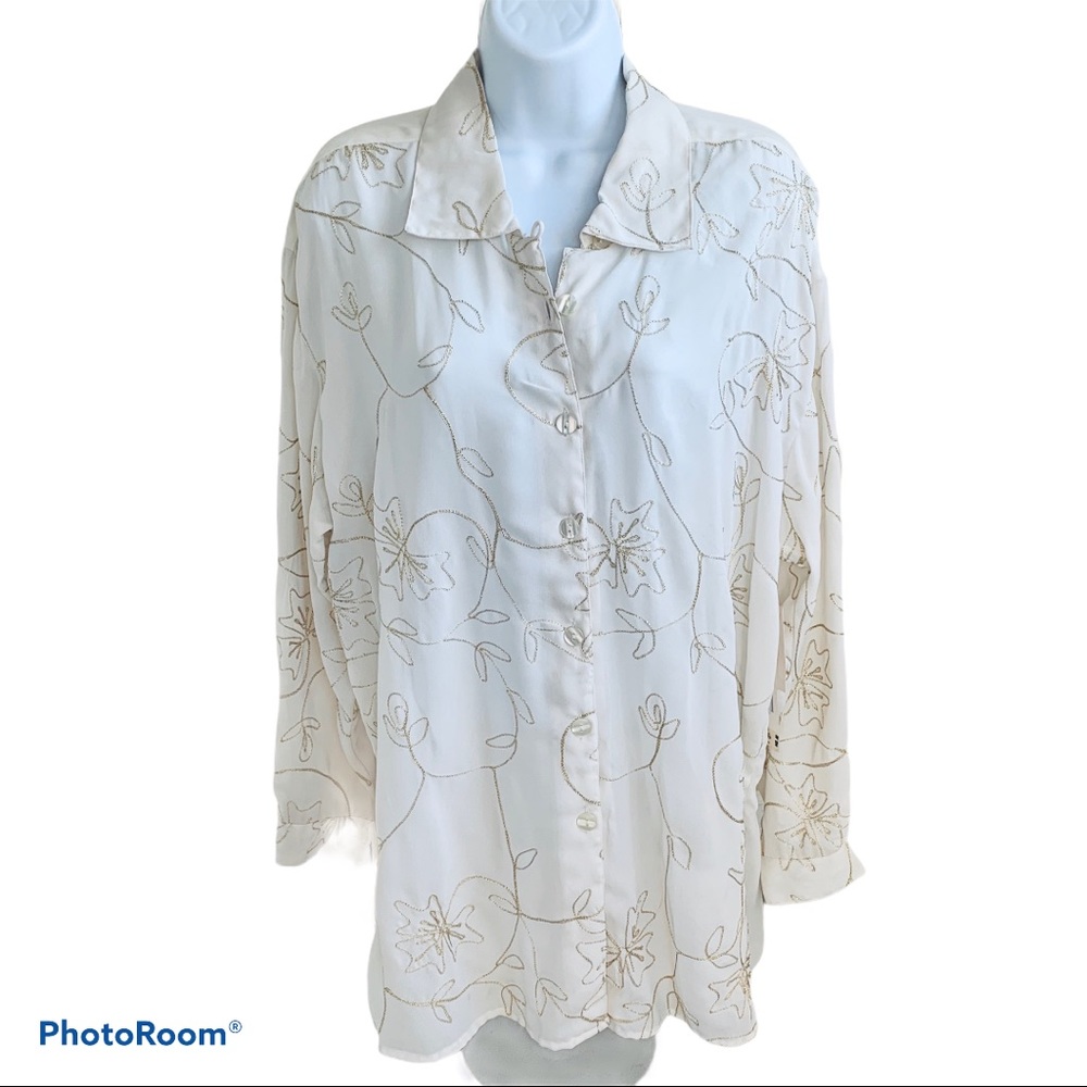 Chaus Sheer Dressy Blouse w/ Gold Embroidery Sz 12